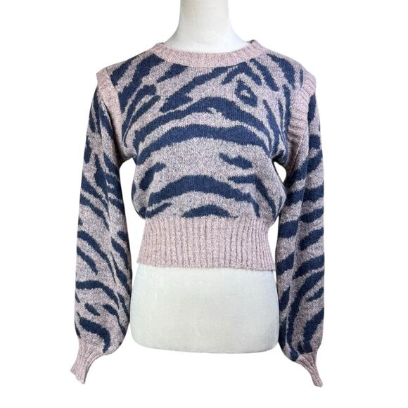 En Saison NWT Mares Wool Pink Navy Blue Animal Print Rib Knit Cropped Sweater - Picture 1 of 12